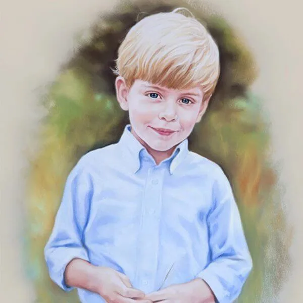 A custom acrylic portrait of a young boy wearing a blue shirt, showcasing vibrant colors and expressive details.