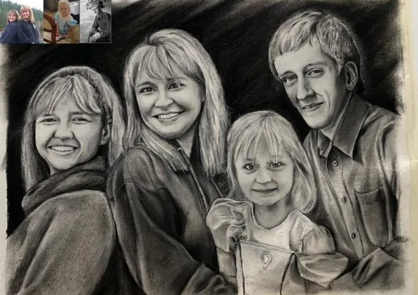 Charcoal drawing from photo depicting a family with two children, capturing their warmth and connection in a heartfelt composition.