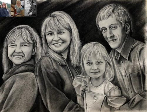 two women one baby and one men family charcoal drawing